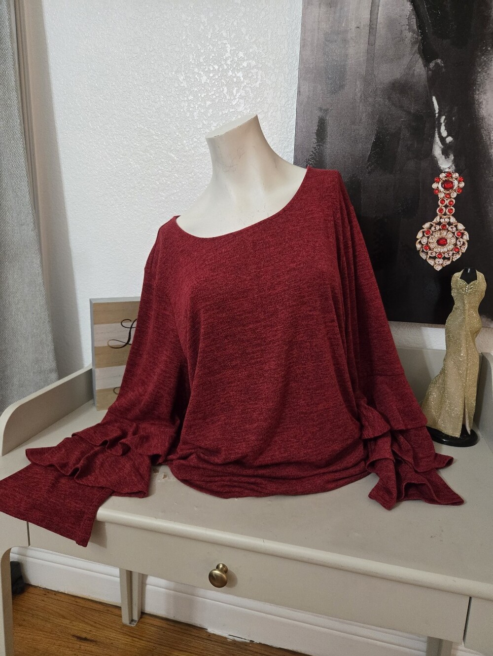 NWT Style & Co Women's Red Ruffle Sleeve Boatneck Top Size XXL